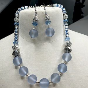 Glass bead light blue silver accent necklace set NEW